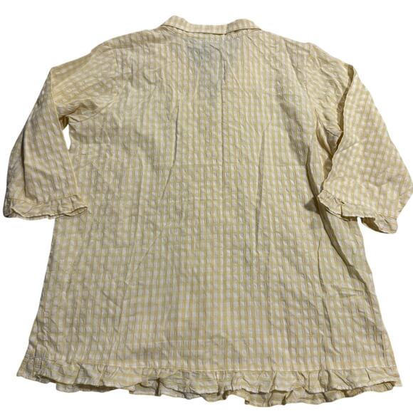 Denim & Co Button Up Shirt Butter Yellow White Plaid Womens Sz Medium Ruffle Hem - Picture 6 of 7